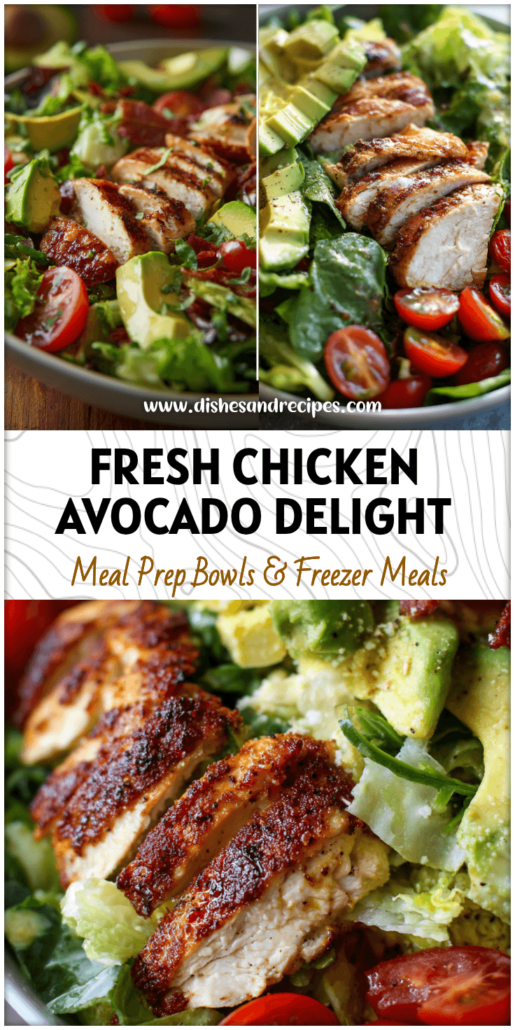 Colorful Avocado Salad Bowl featuring grilled chicken, avocado slices, lettuce, and tomatoes in a fresh Salad Bowl.